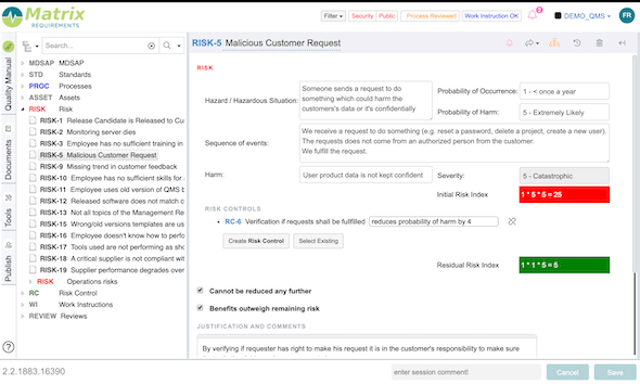 Matrix Requirements Software - Integrated Risk Management : Risk management needs to be integrated in the design process and the quality system, not in some Excel file on some server. With our applications, the risks are part of the traceability matrix.