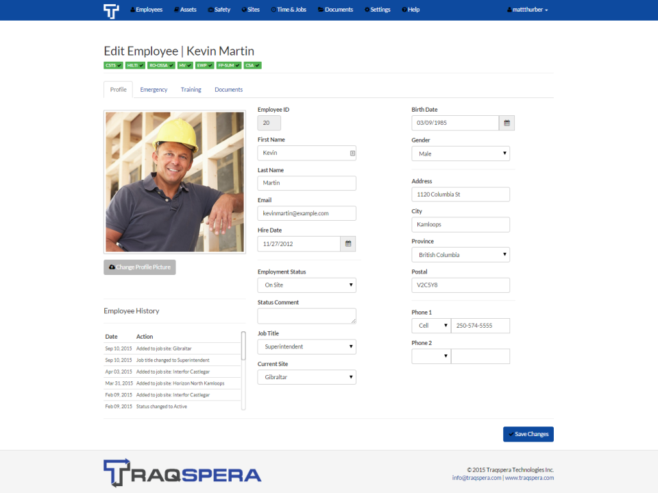 Employee profiles contain personal information and training certifications