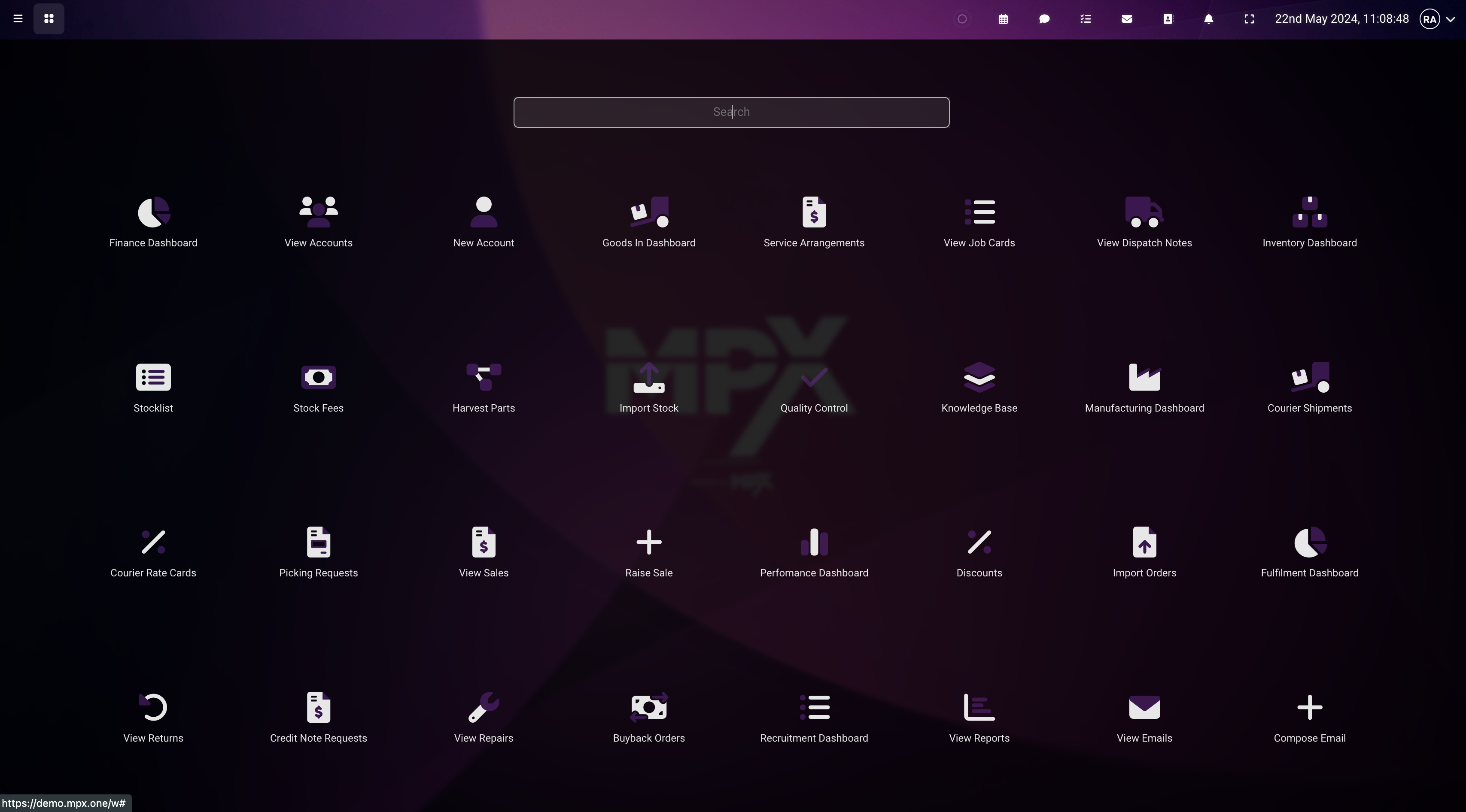 MPX screenshot: MPX Launchpad offers quick and efficient access to all features and modules available, with active search to help you find exactly what you're looking for.