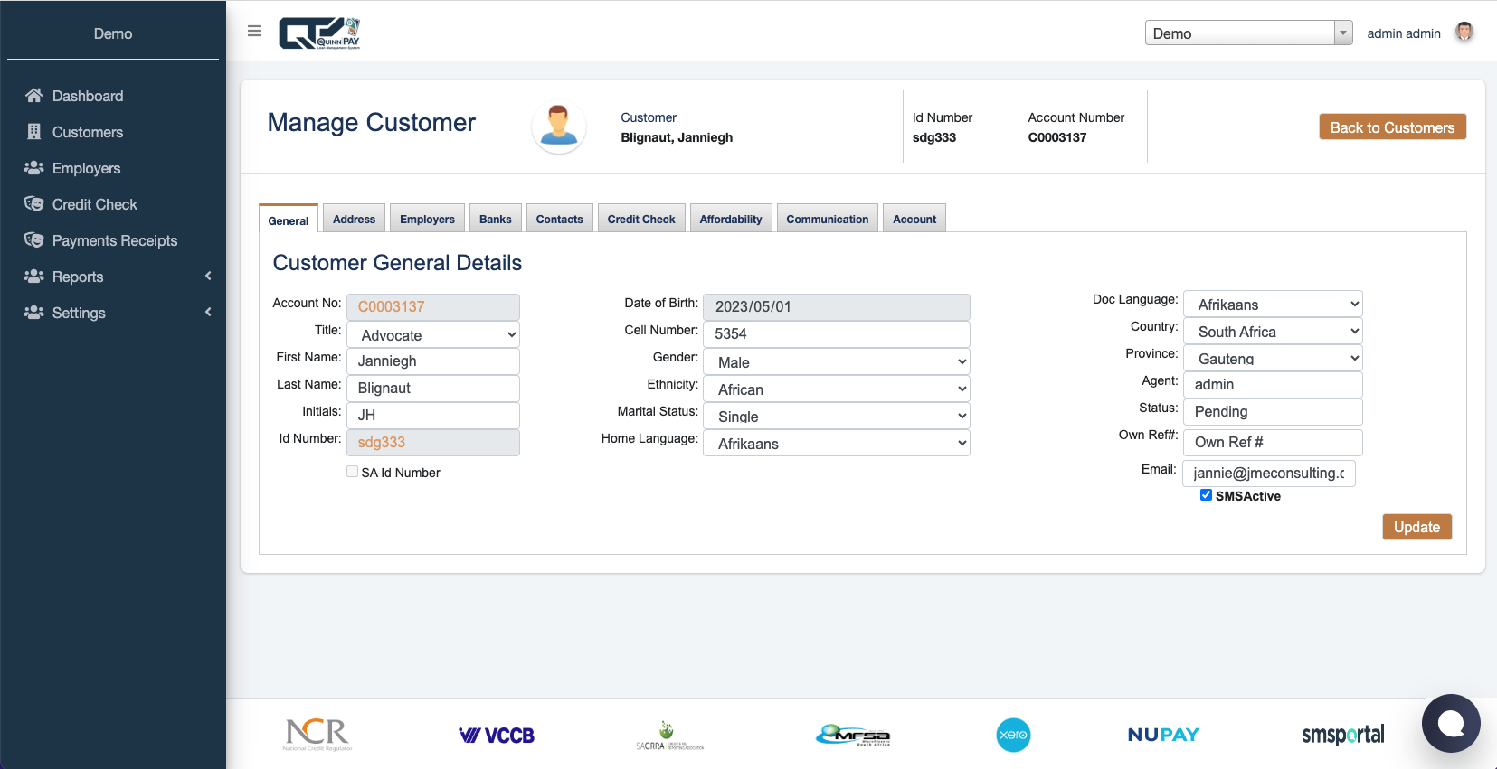 Quinn Pay Software - Quinn Pay Customer Account View