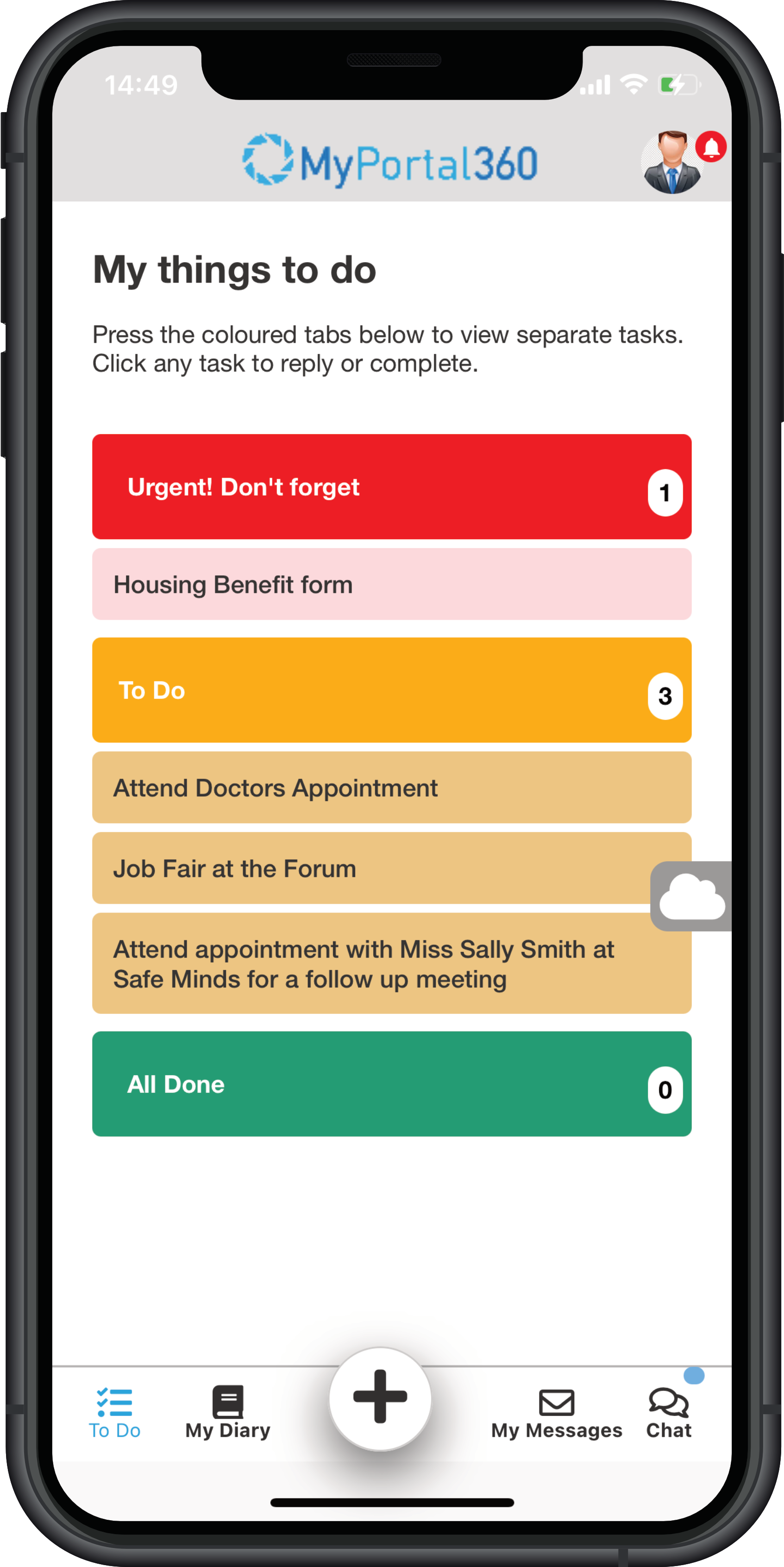 Built to allow clients and support teams to interact conveniently and discretely from a smart phone, the MyPortal360 app features notifications and reminders for messages, appointments and tasks, as well as, secure one and two-way communications.