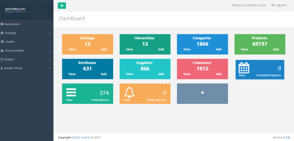 B2Sell Product Information Management screenshot: B2Sell Central dashboard
