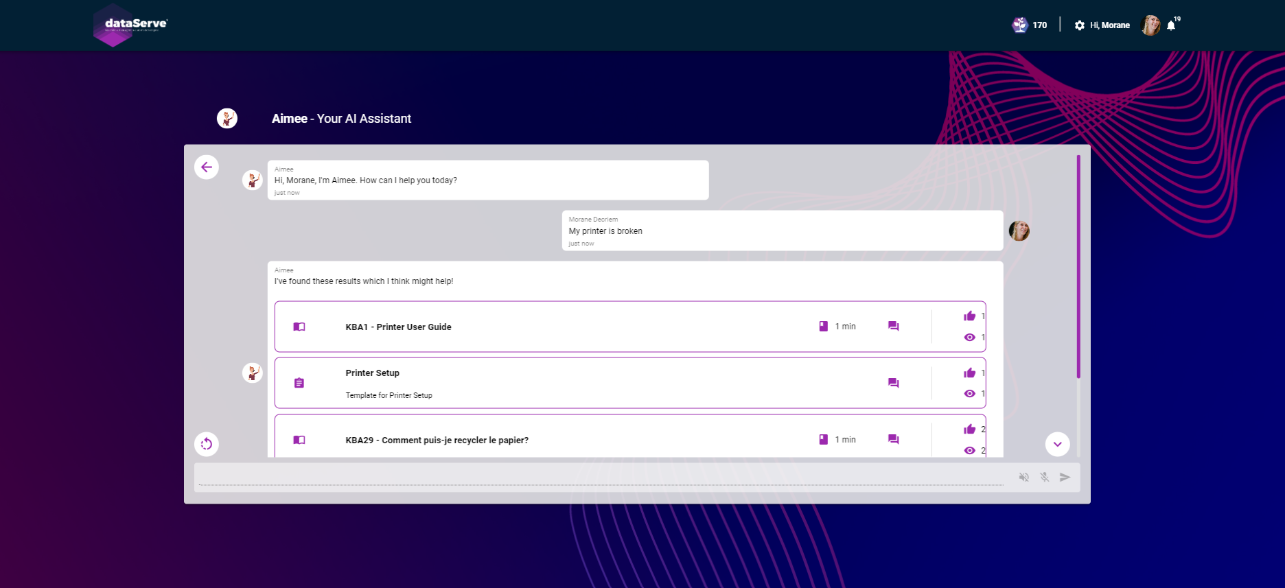 dataEstate Software - DataServe® and its virtual agent Aimee.

DataServe® provides an automation request
broker engine for user engagement with their data and information requests, providing a portal to any other system via API connectors.