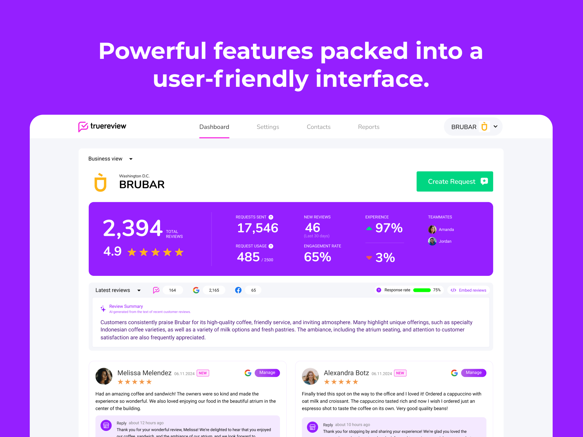 TrueReview Software - Effortlessly manage your reviews with an intuitive dashboard that provides a live feed of reviews from Google, Facebook, and TrueReview. Respond to reviews directly from the dashboard to stay engaged with your customers.