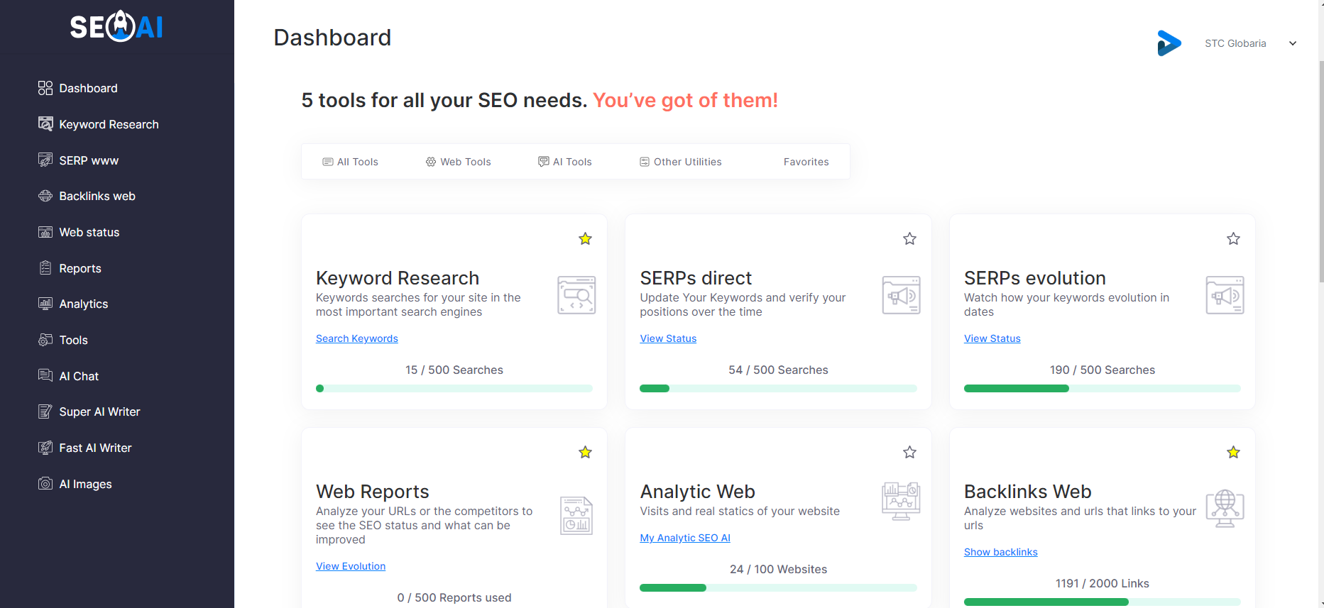 SEOAI screenshot: SEOAI Dashboard