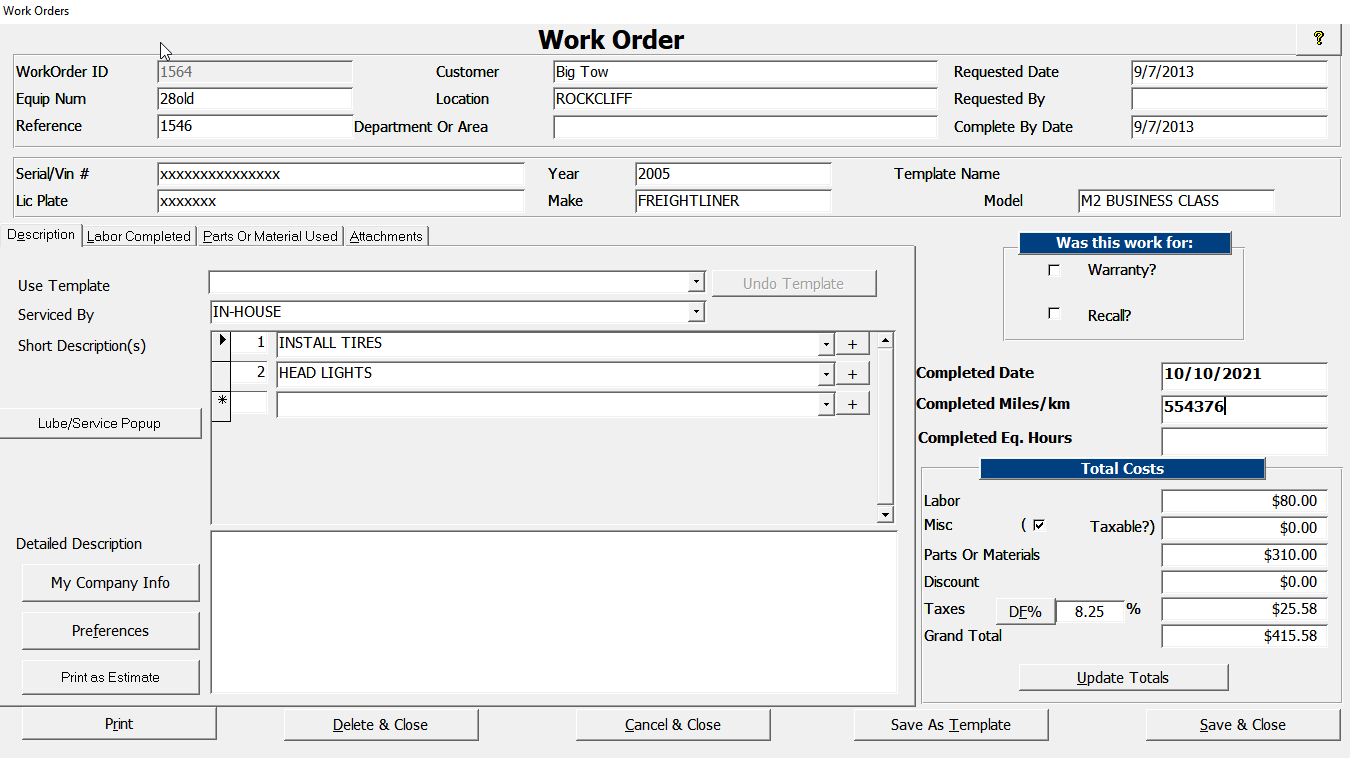 TATEMS Work Order Screen Showing Description Tab, notice the other tabs are Labor Completed, Parts Or Material Used And Attachments