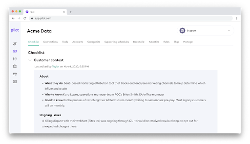 Pilot Software - Onboarding checklist: Pilot creates a customized onboarding checklist for each customer based on your business and your operations.