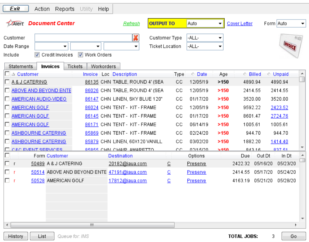 Alert Software - Alert's Document Center is a centralized place to send all documents. Statements can be sent with or without invoices. Send closed invoices for payment, open tickets, and work orders! Send to email, fax, or a printer (or group of printers.) Easy!