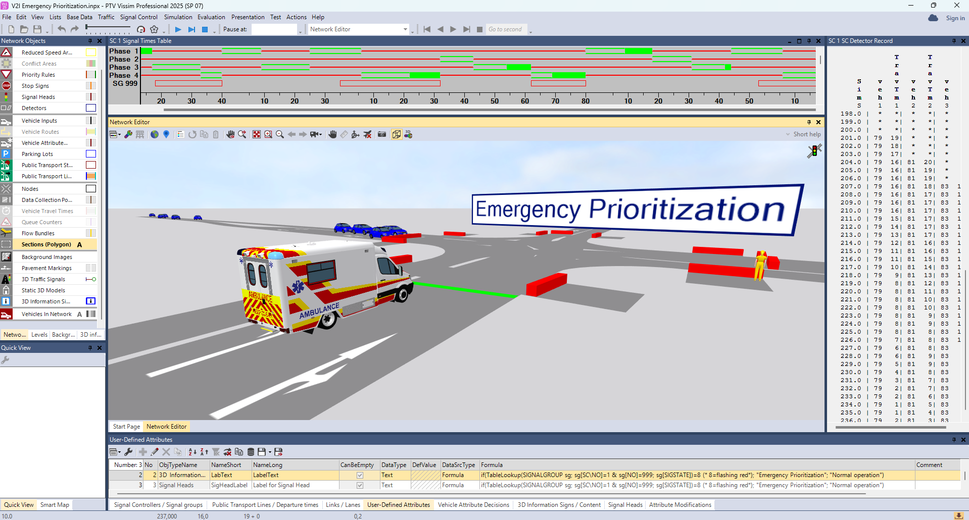 PTV Vissim screenshot: PTV Vissim advanced signal control options with various controllers and V2I-communication for prioritization

