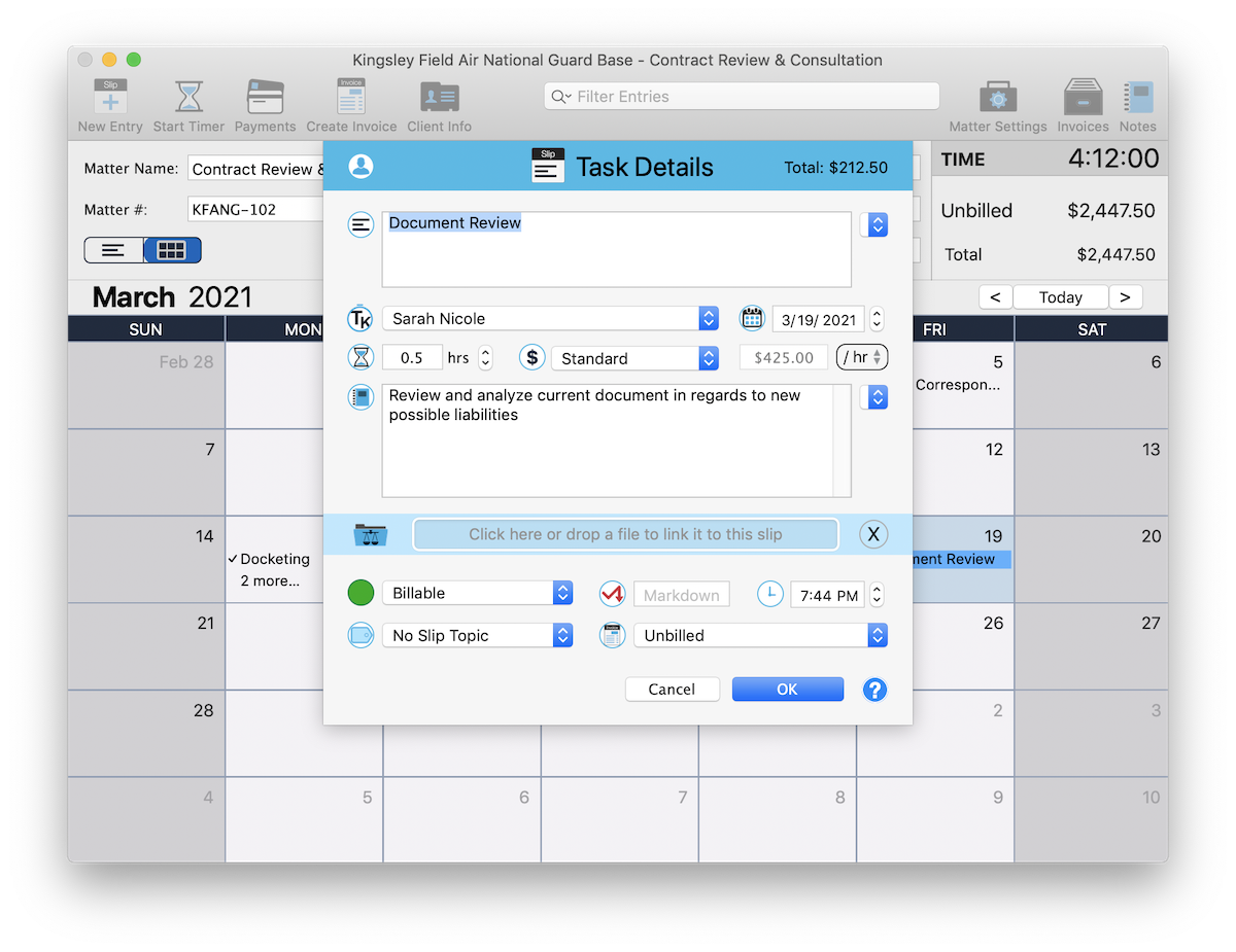 TimeNet Law calendar view and task entry in light mode