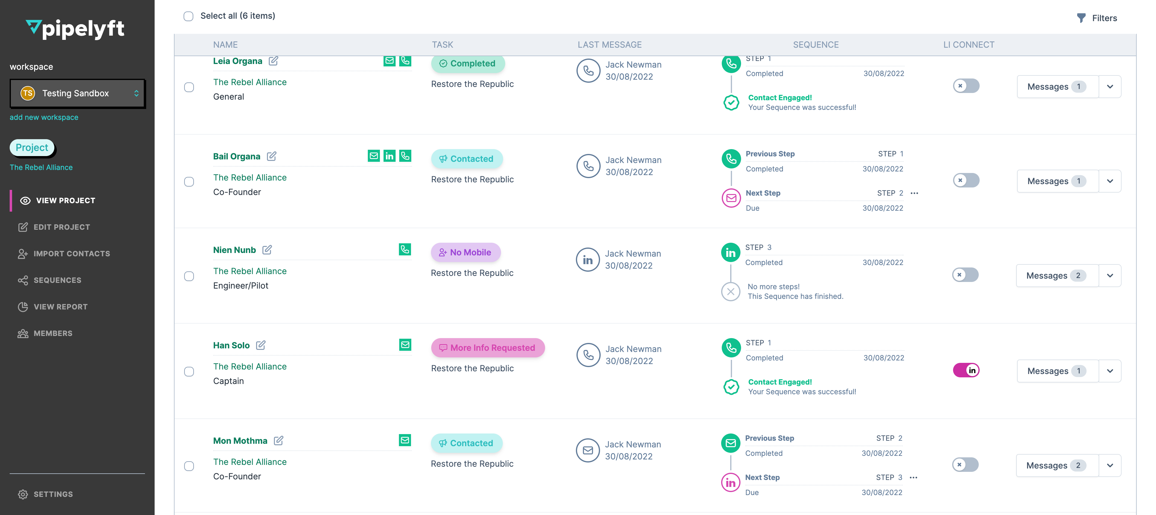 Pipelyft screenshot: Image showing project screen, with active sequences and positive LinkedIn connection.