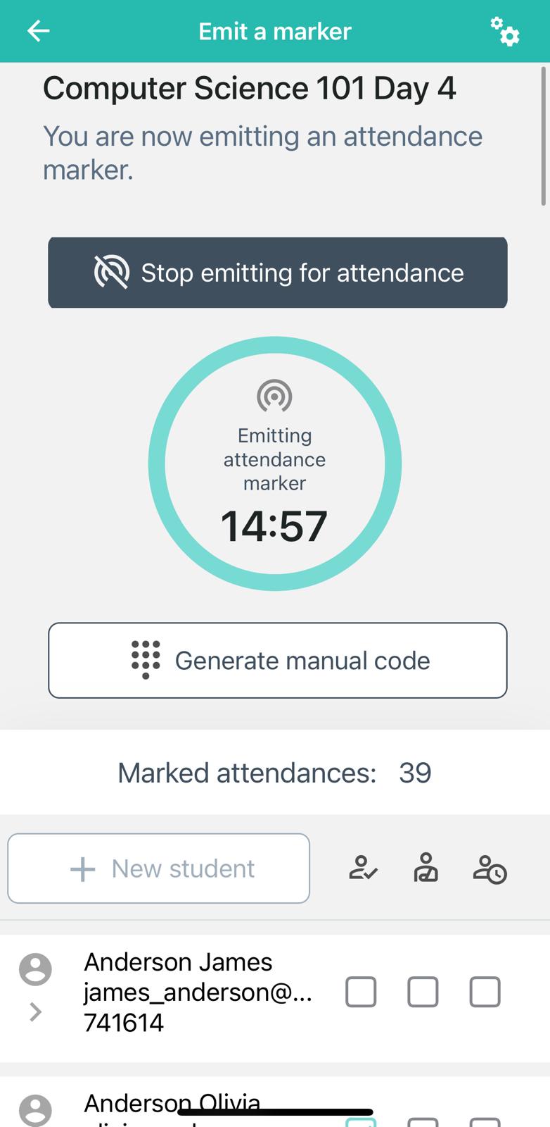 Attendance Radar screenshot: The app features Bluetooth attendance tracking, attendance checkboxes for each student, and a feature to generate a six-digit code for online class attendance verification.