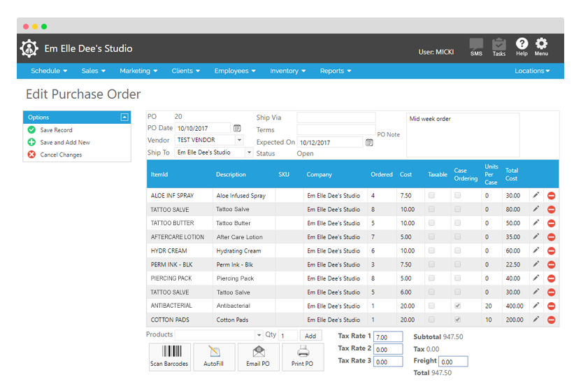 Envision Ink editing purchase order