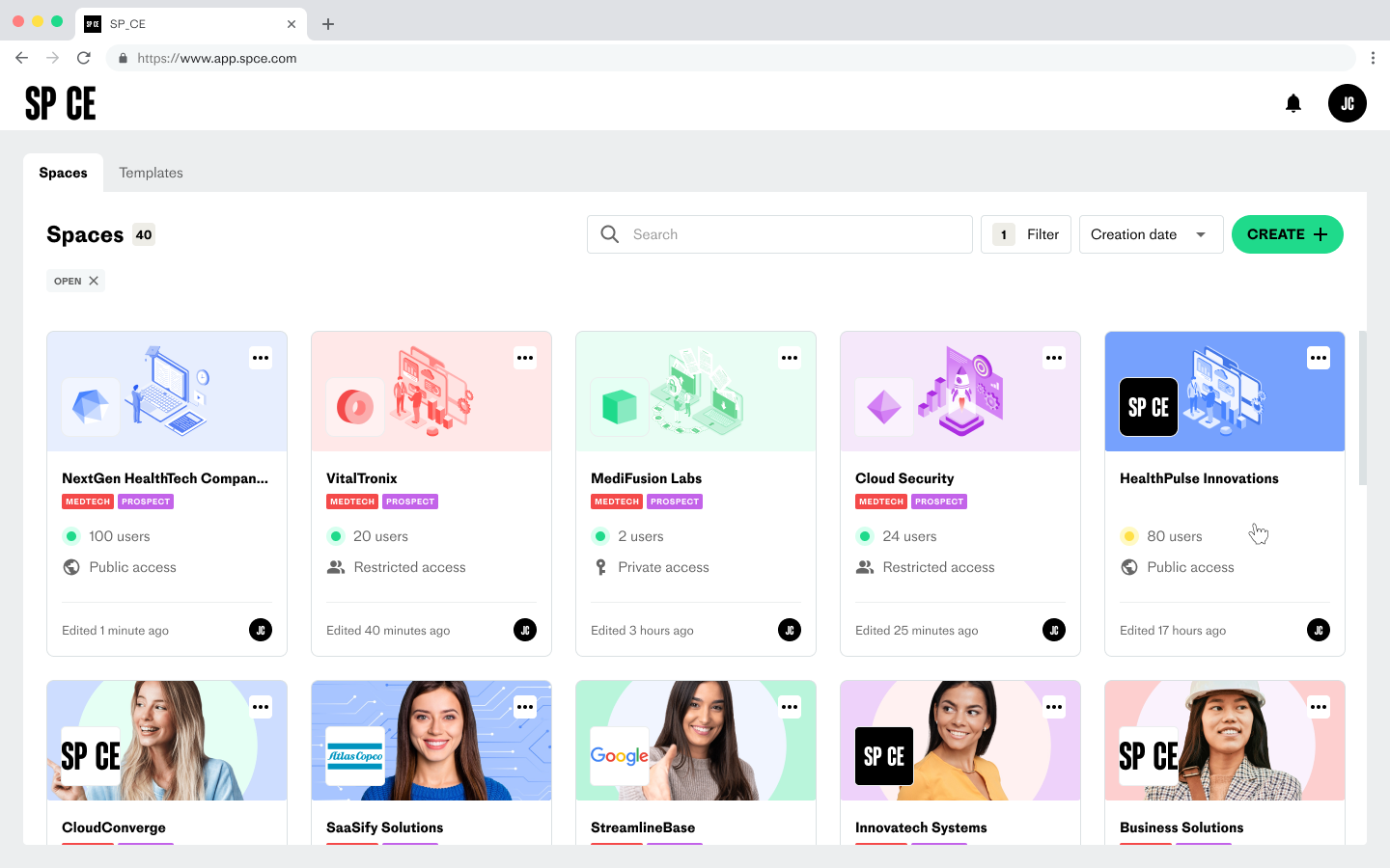 SP_CE screenshot: Space overview - the digital spaces you share with your partners. Create and collaborate through one or more spaces for each partner.