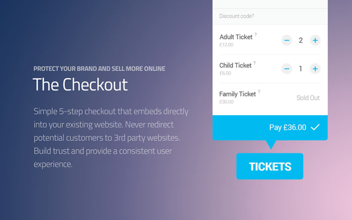 TicketingHub screenshot: A simple, 5-step checkout embeds directly into existing websites