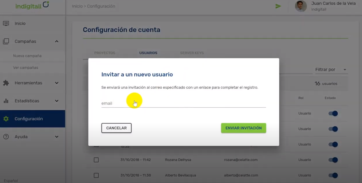 Indigitall invitation to users