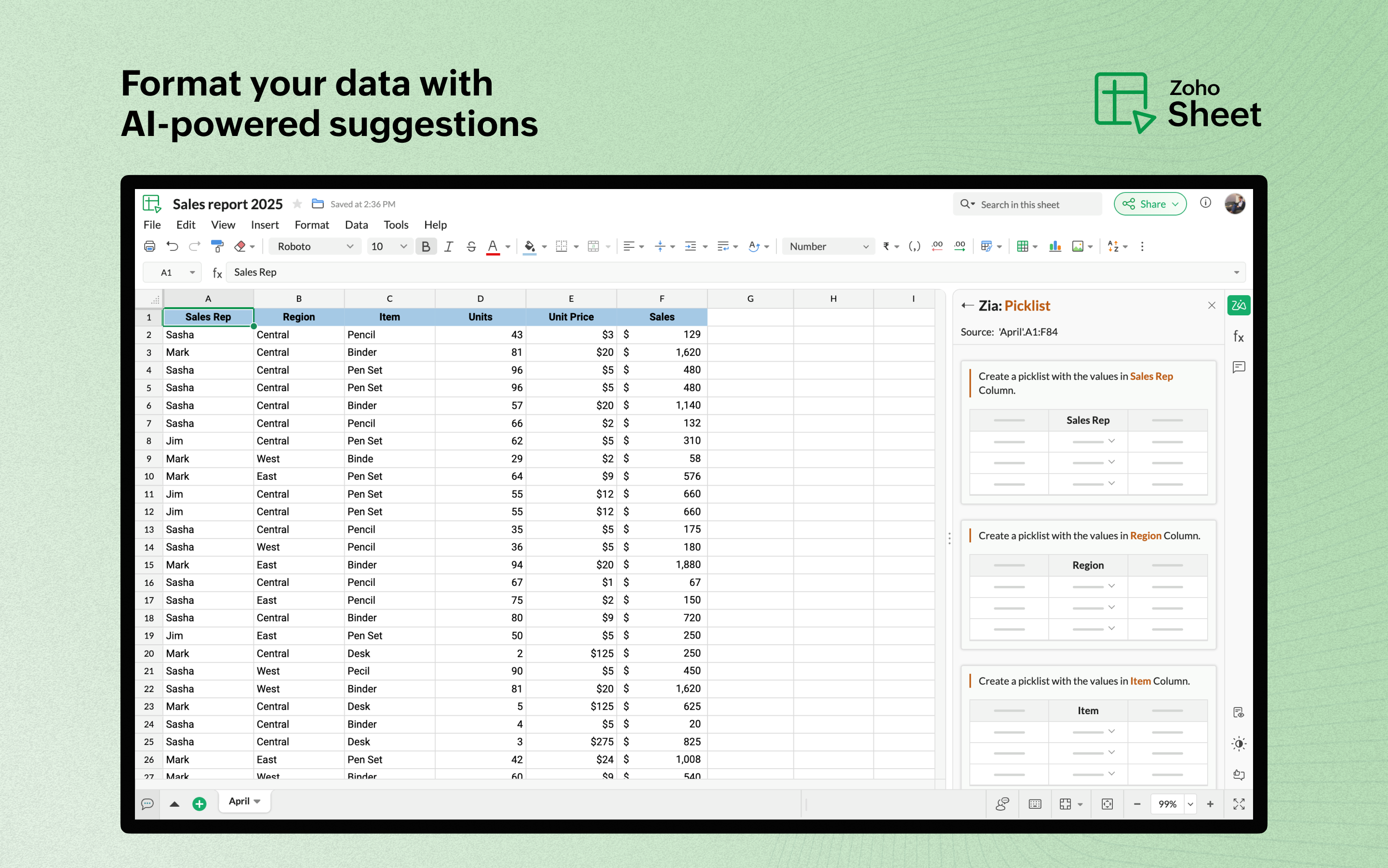 Zoho Sheet Software - AI-powered formatting suggestions - thumbnail