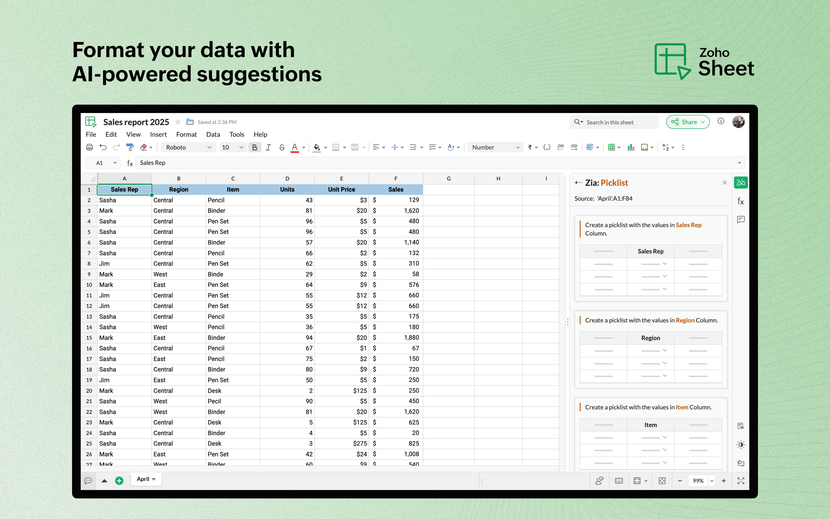 Zoho Sheet Software - AI-powered formatting suggestions