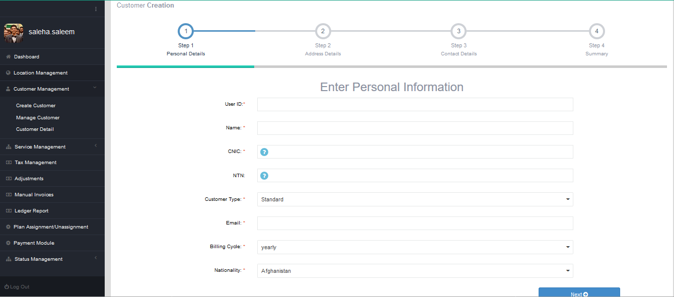Telco Billing Solution customer creation screenshot