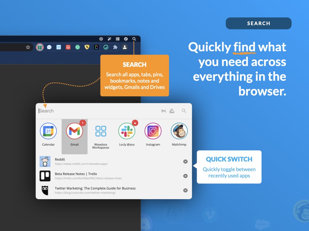 Wavebox Software - Easily search across every app, tab, pin, bookmark, workspace.