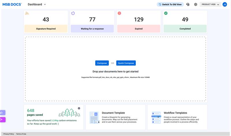 MSB Docs screenshot: Upload documents using the drag and drop.