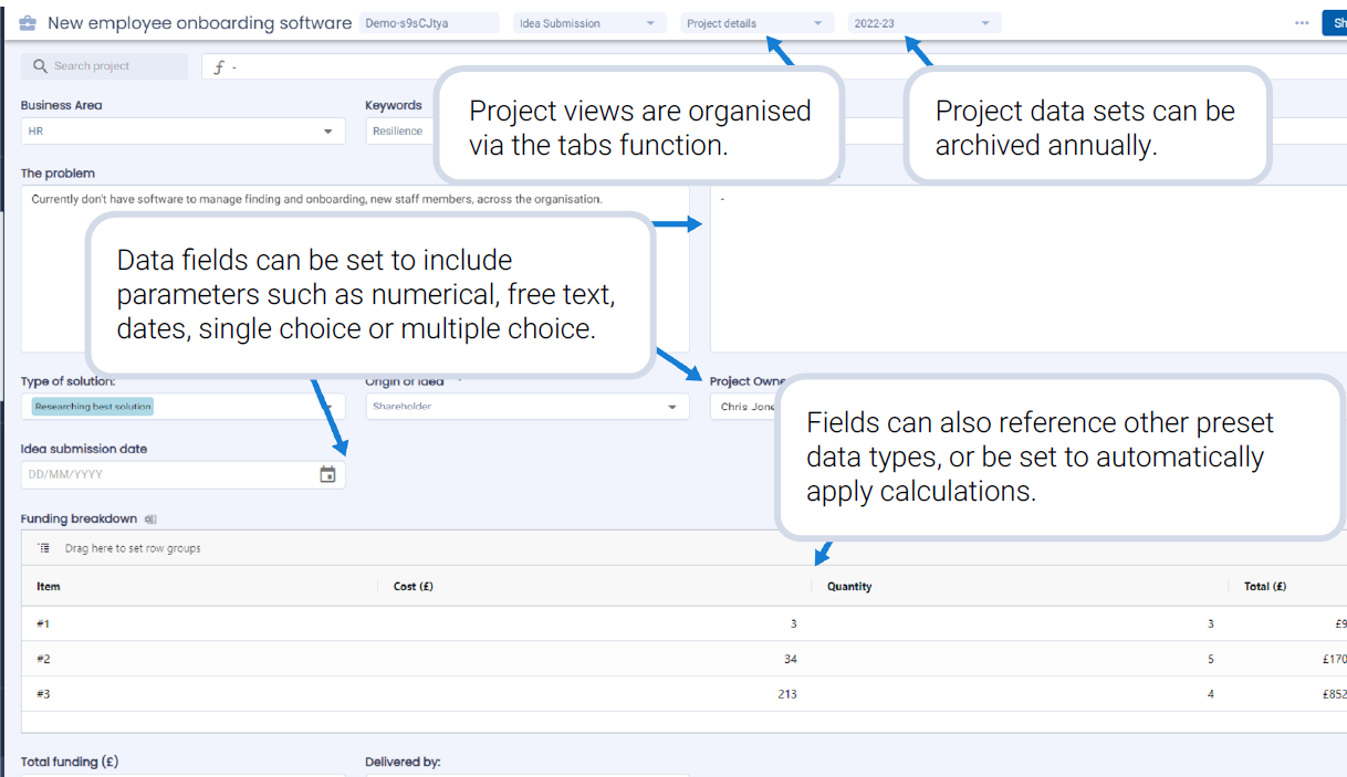 Project forms collect different data types on projects, ensuring structure and accessibility of data