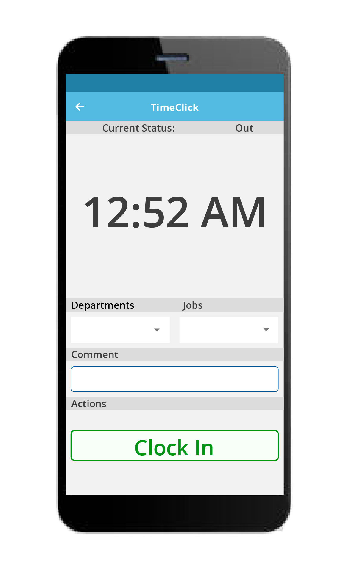 TimeClick Mobile App (included in most licenses but optional). Only for clocking in and out. Employees can specify which job or department to clock in/out of if needed.-thumb