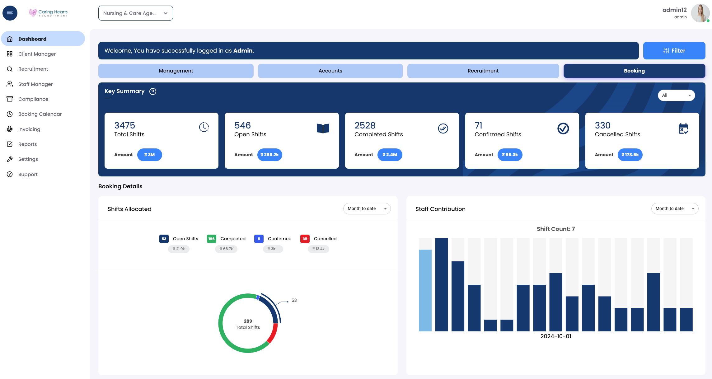 20X screenshot: Separate dashboard options are available for management, recruiters, accounts & finance team and booking & scheduling staff