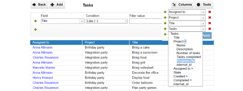 InstaDB screenshot: Hide and change the order of columns, and restore to the default column composition