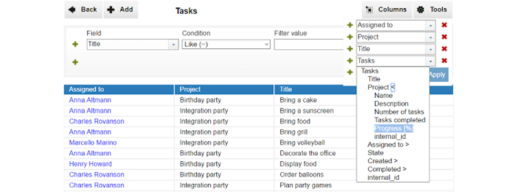 InstaDB screenshot: Hide and change the order of columns, and restore to the default column composition