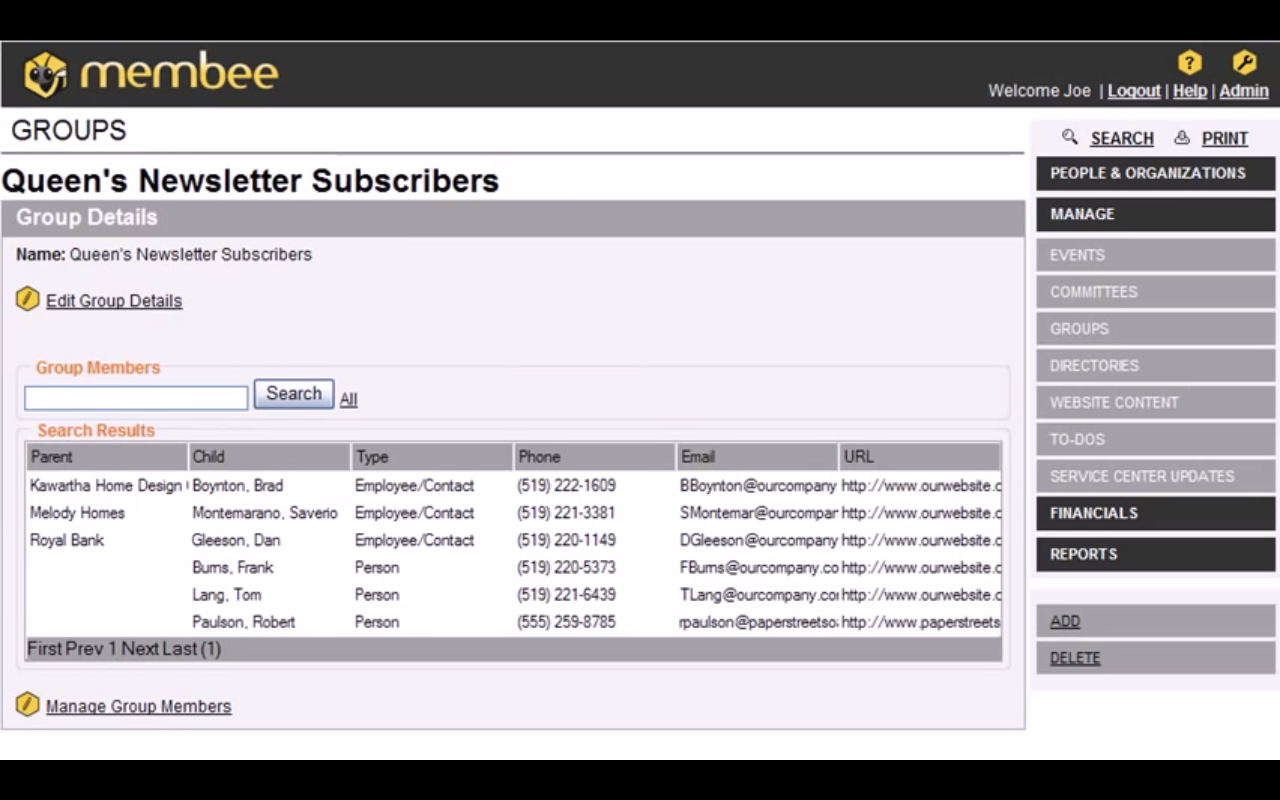 Manage defined membership groups with the ability to edit group details, search members and setup groups such as newsletter subscribers