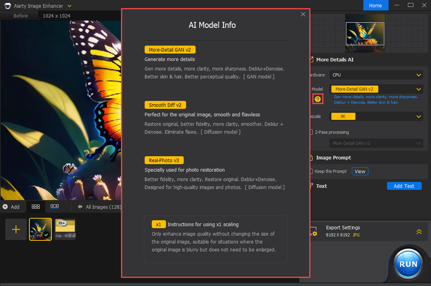 Aiarty Image Enhancer Software - Aiarty Image Enhancer selecting AI models
