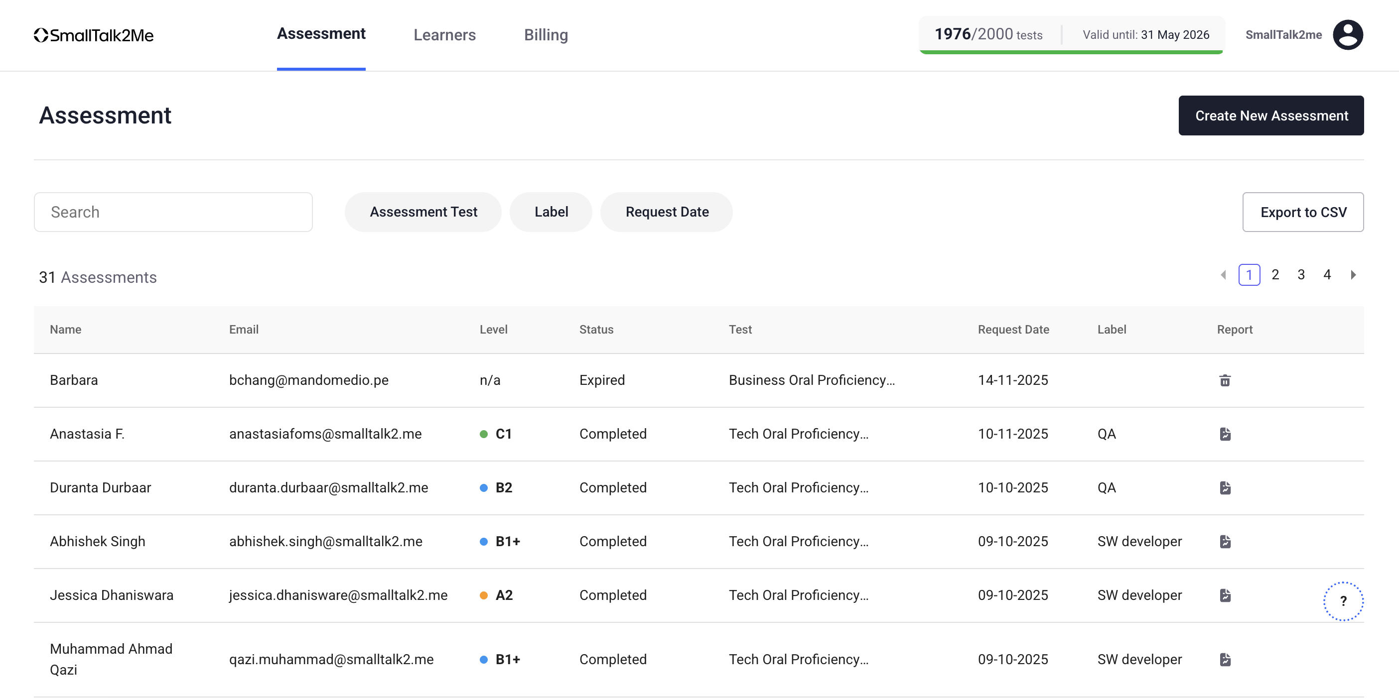 SmallTalk2Me screenshot: Admin dashboard to manage English assessments, send test requests, and monitor results in one place.