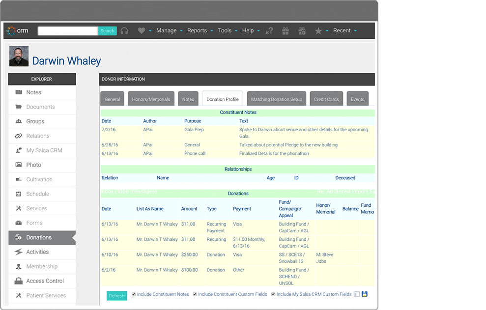 Salsa CRM Software - Notes can be added into donor profiles, and donation history can be tracked