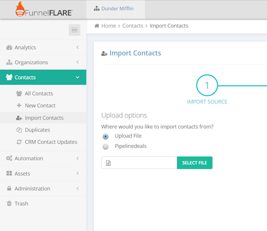 FunnelFLARE screenshot: FunnelFLARE contact import