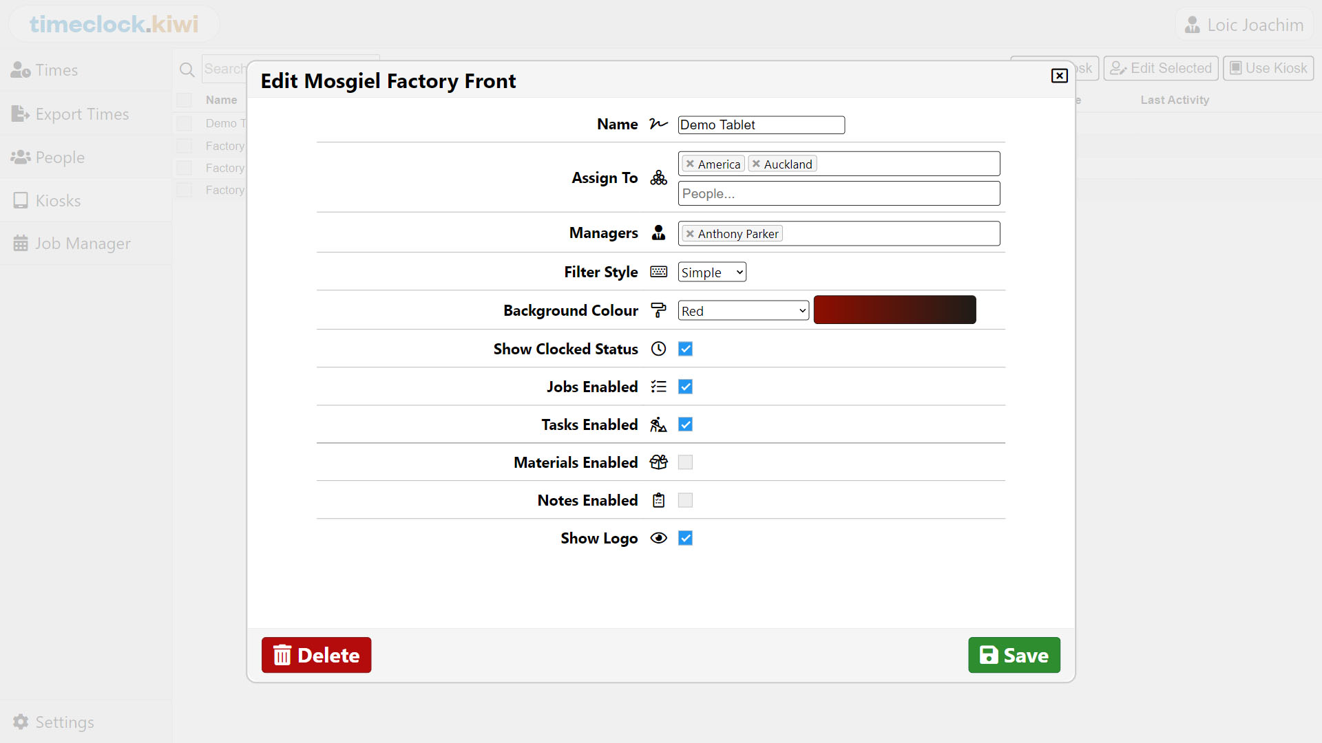 timeclock.kiwi Software - Timeclock Portal Kiosk settings page