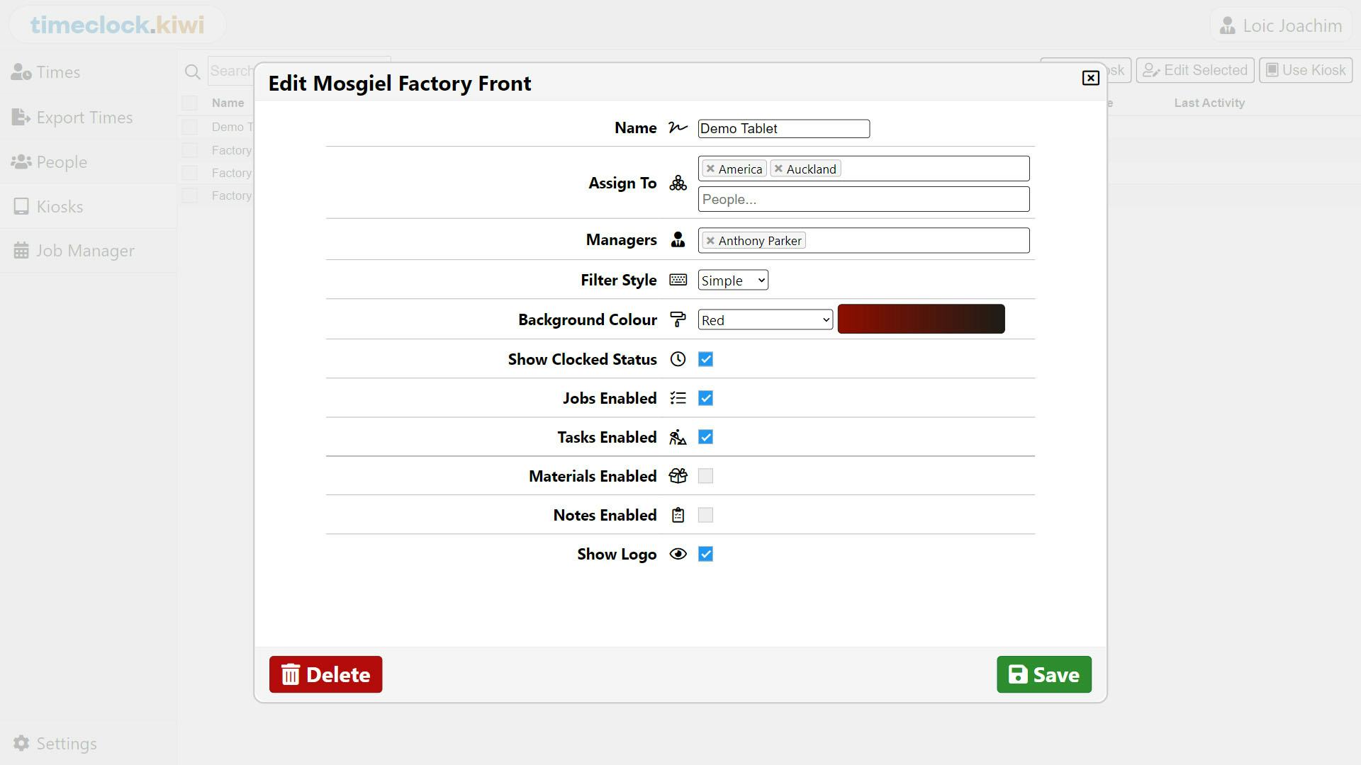 timeclock.kiwi Software - Timeclock Portal Kiosk settings page