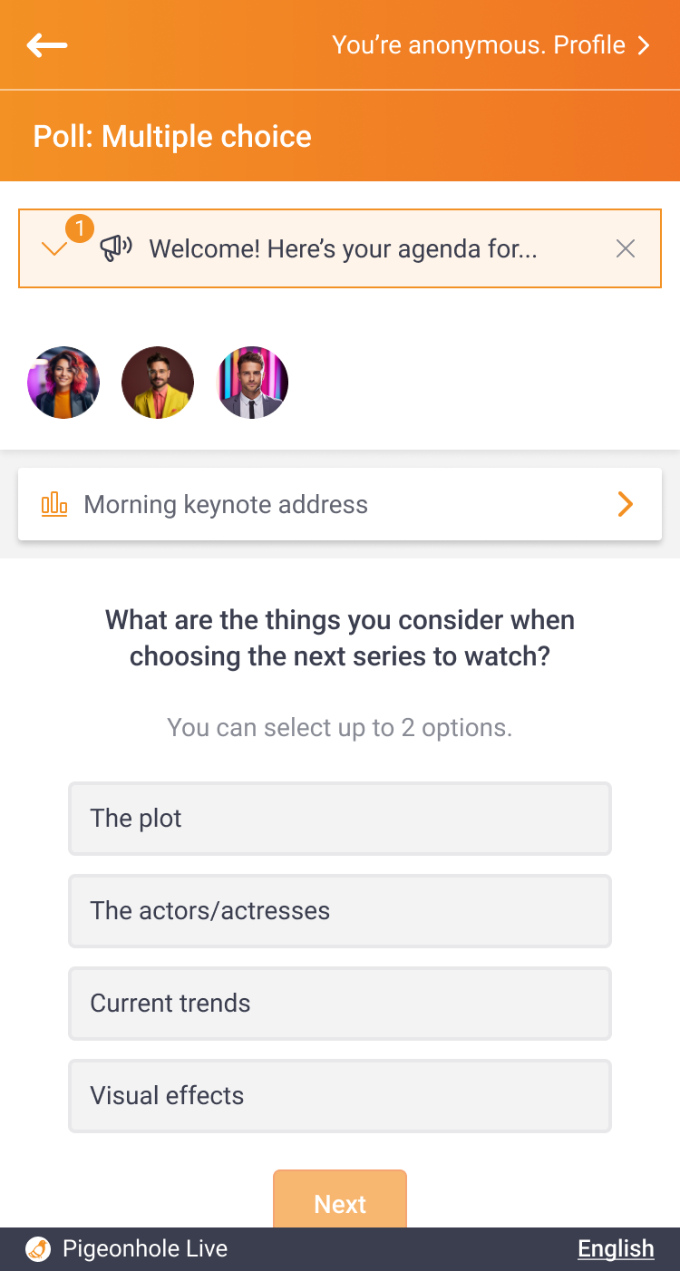 Pigeonhole Live screenshot: The Agenda feature organises and displays the event's schedule, making it easy for attendees to plan and navigate sessions, ensuring they don't miss pivotal moments.