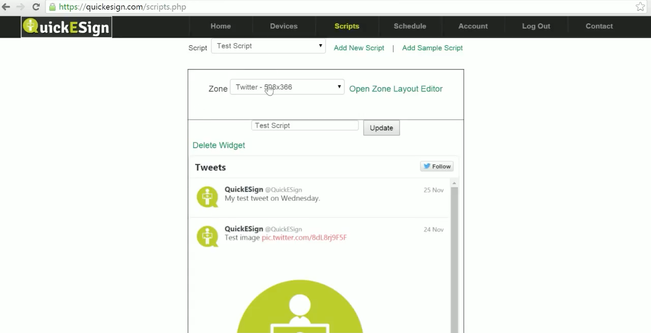 QuickESign Software - Insert the organization's twitter feed into the QuickESIgn platform as a widget
