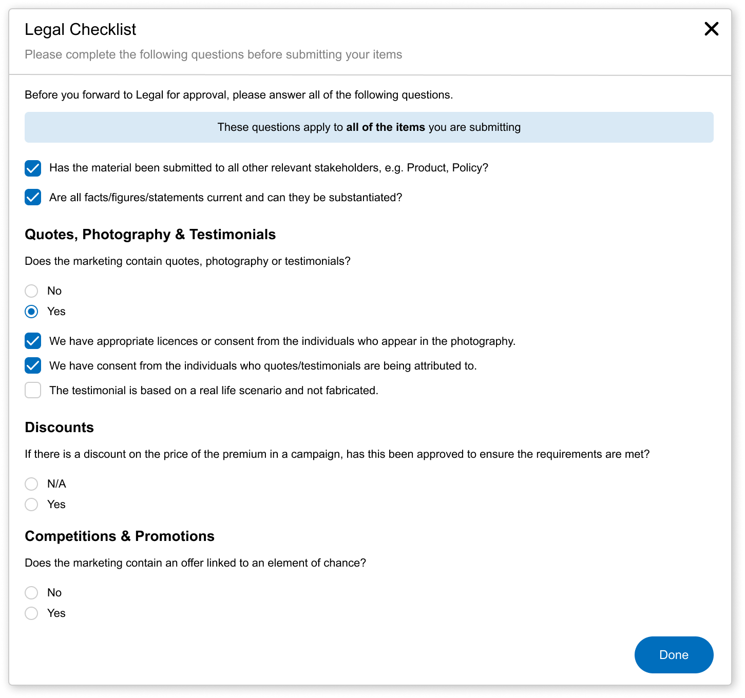 Admation's Custom Checklists give you the confidence that projects are meeting the various legal and company requirements as they move through the marketing workflow.  This gives you piece of mind that you are meeting your compliance requirements.