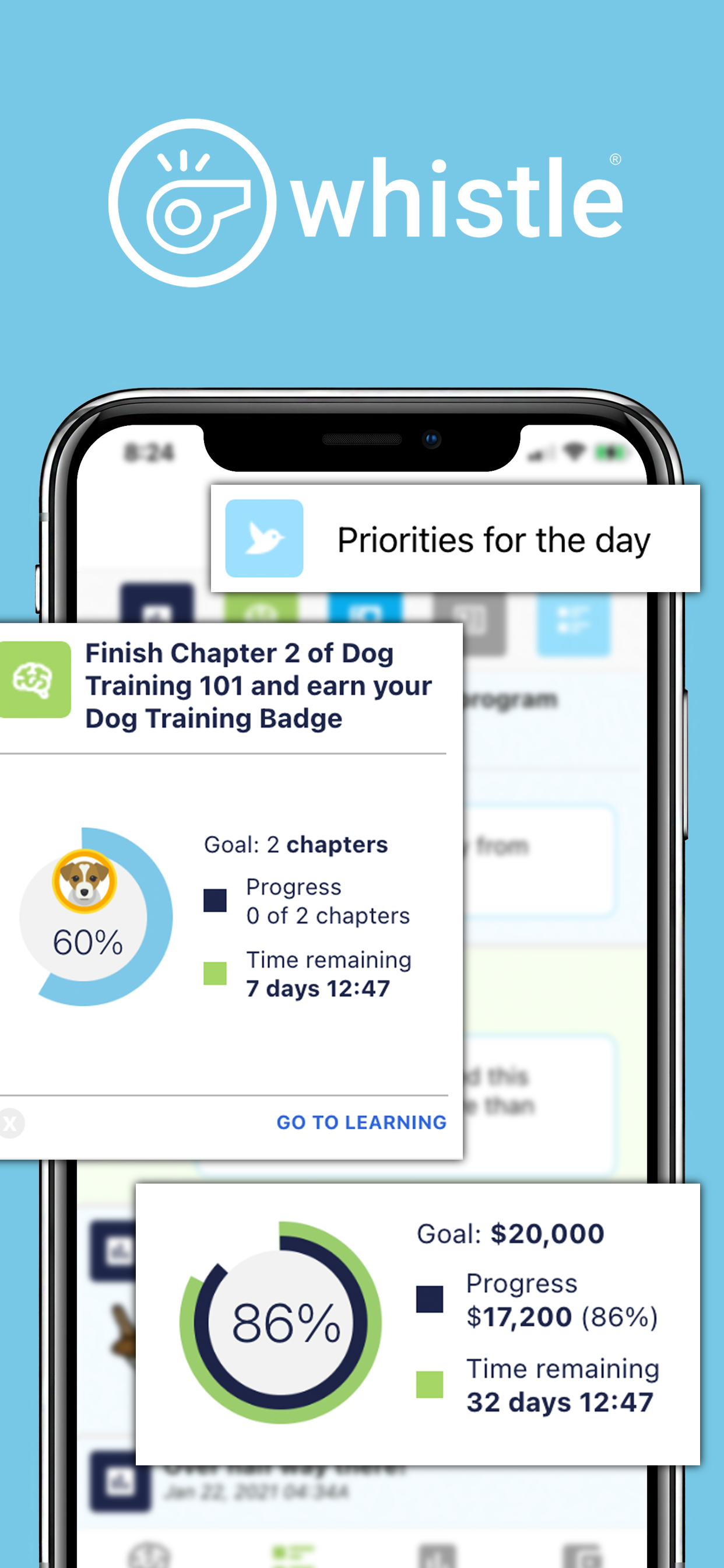 Whistle screenshot: Whistle is a mobile and web app that is intuitive, engaging and easy to use.  Psychology and behavioral science inform our design learning to happier, more successful participants.