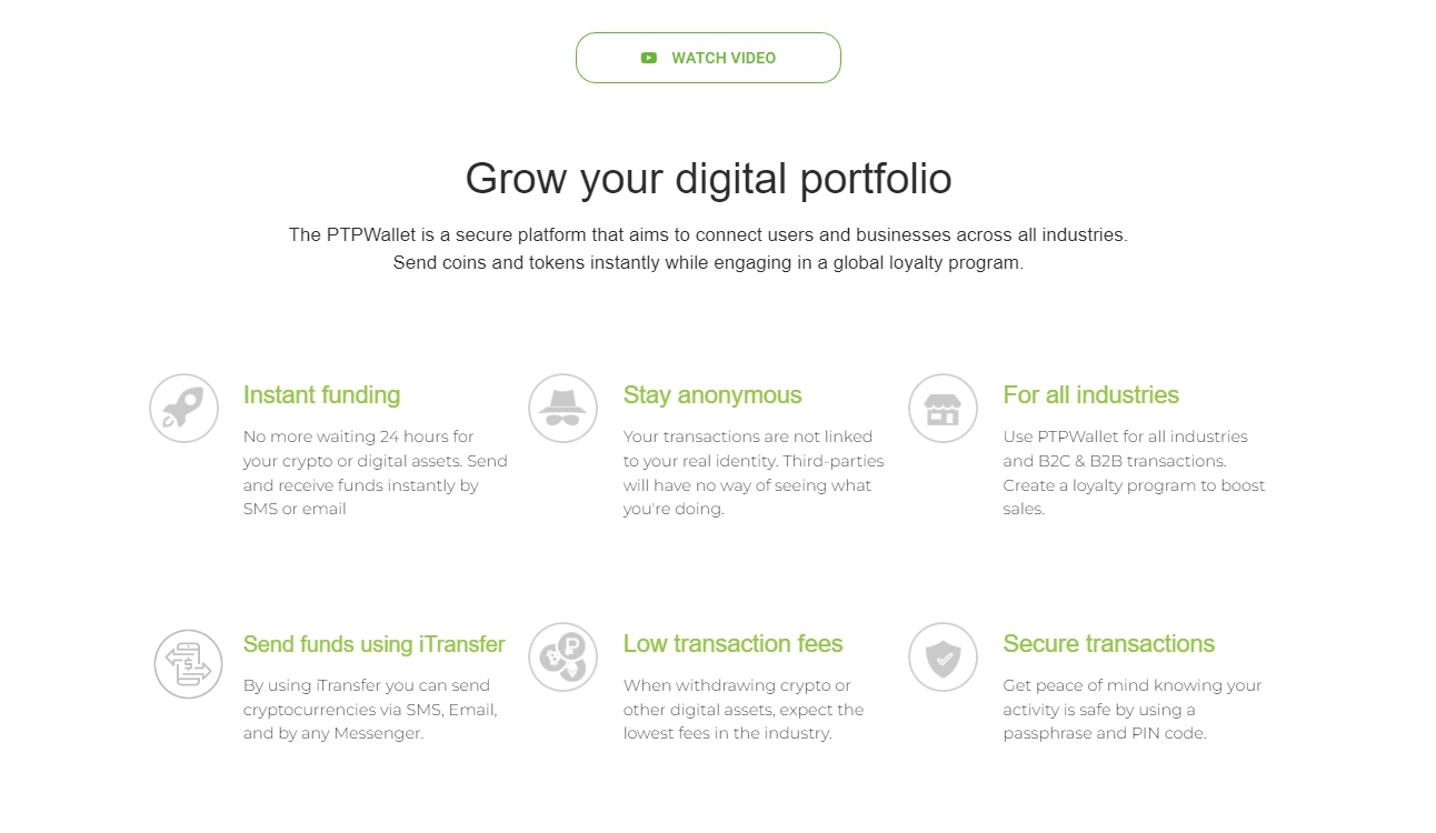 Image describing some of the features of PTPWallet crypto wallet application.