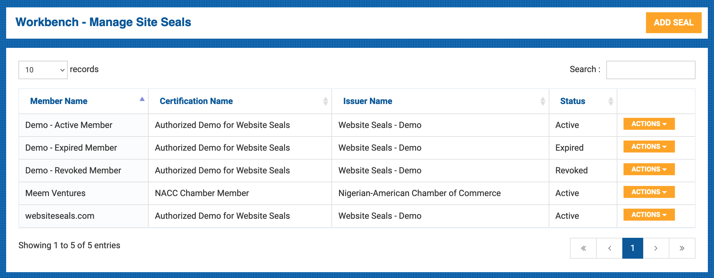 Track all website seals generated and manage such seals such as Revoke Seal.