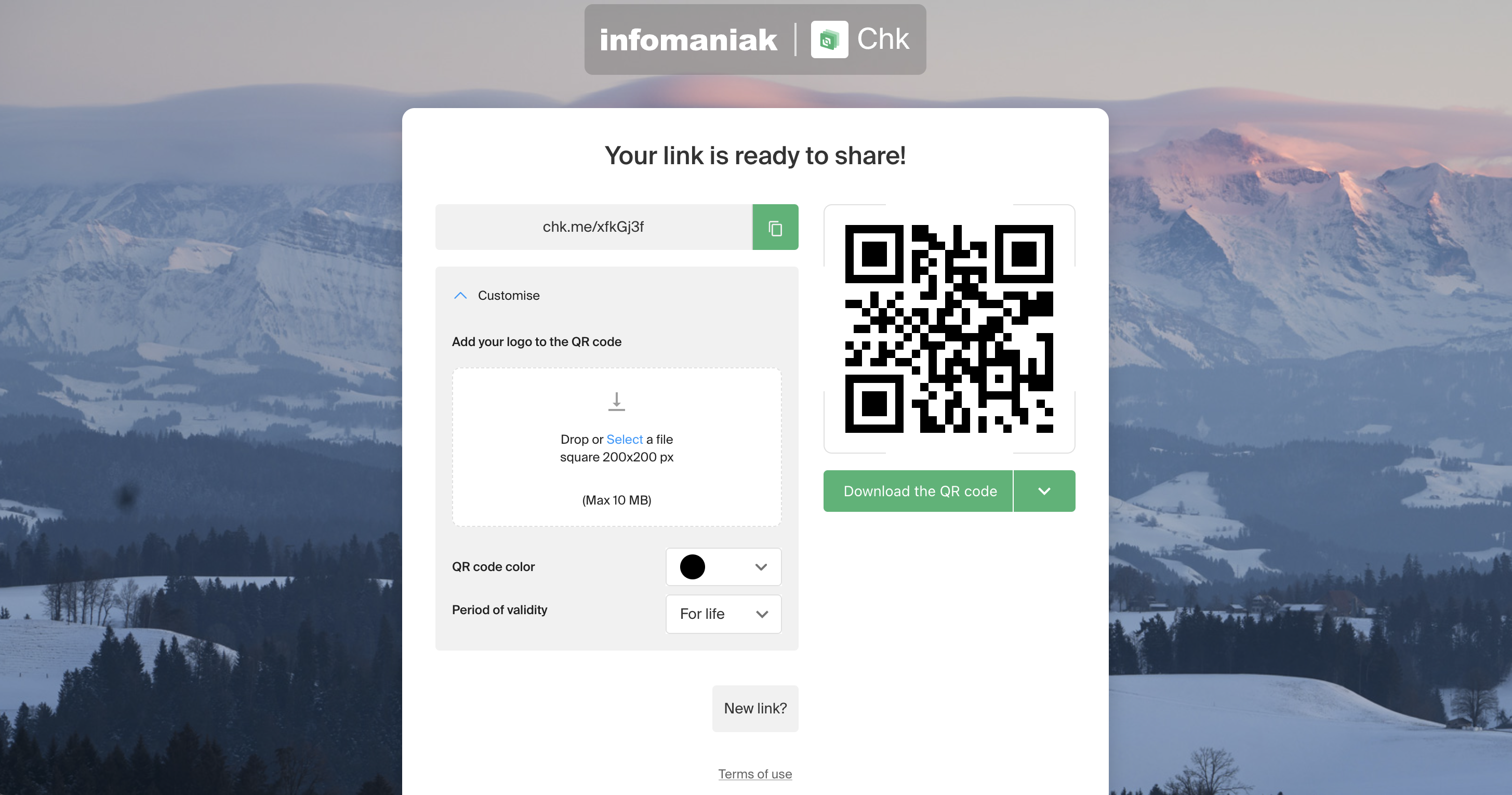 Interface No. 3 : Your link is ready! You also have the option of having a QR code linked to the link, which you can personalize by adding an image, changing the colors and also choosing its validity time. 