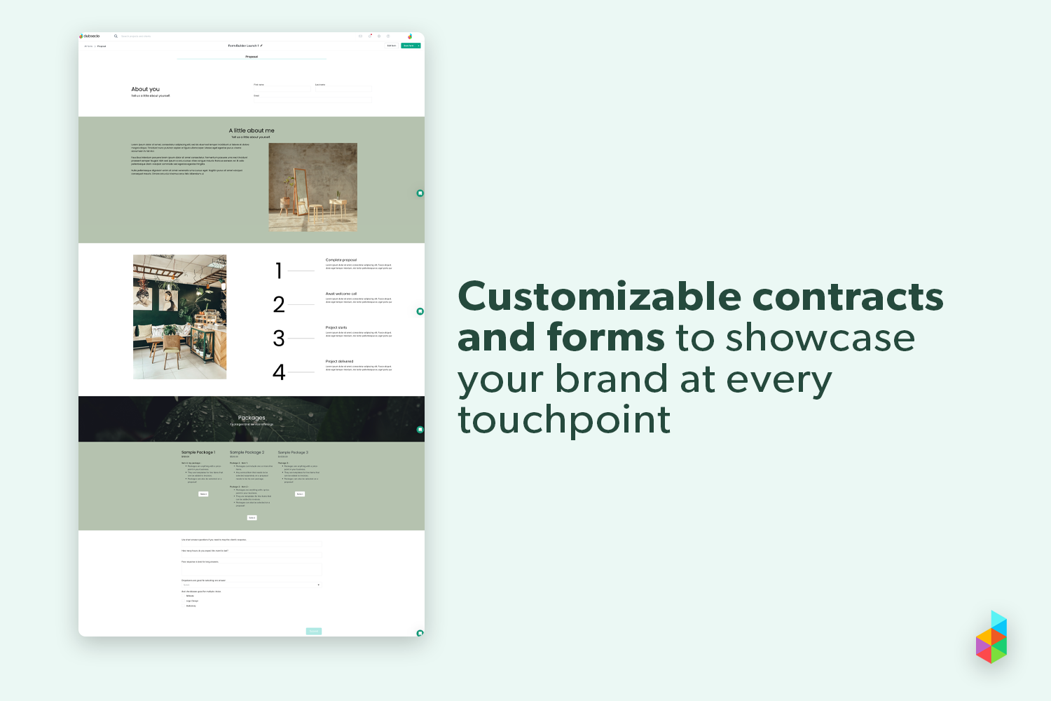 Dubsado Software - Text" Customizable contracts and forms to showcase your brand at every touchpoint." Image: Form with custom brand colors, photos, and packages.