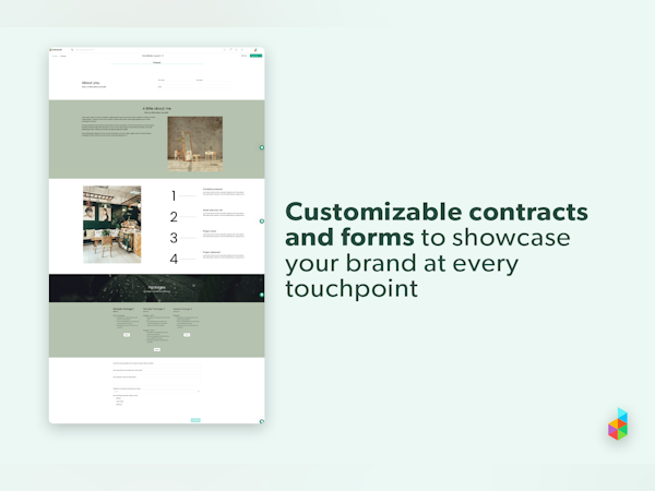 Dubsado Software - Text" Customizable contracts and forms to showcase your brand at every touchpoint." Image: Form with custom brand colors, photos, and packages.