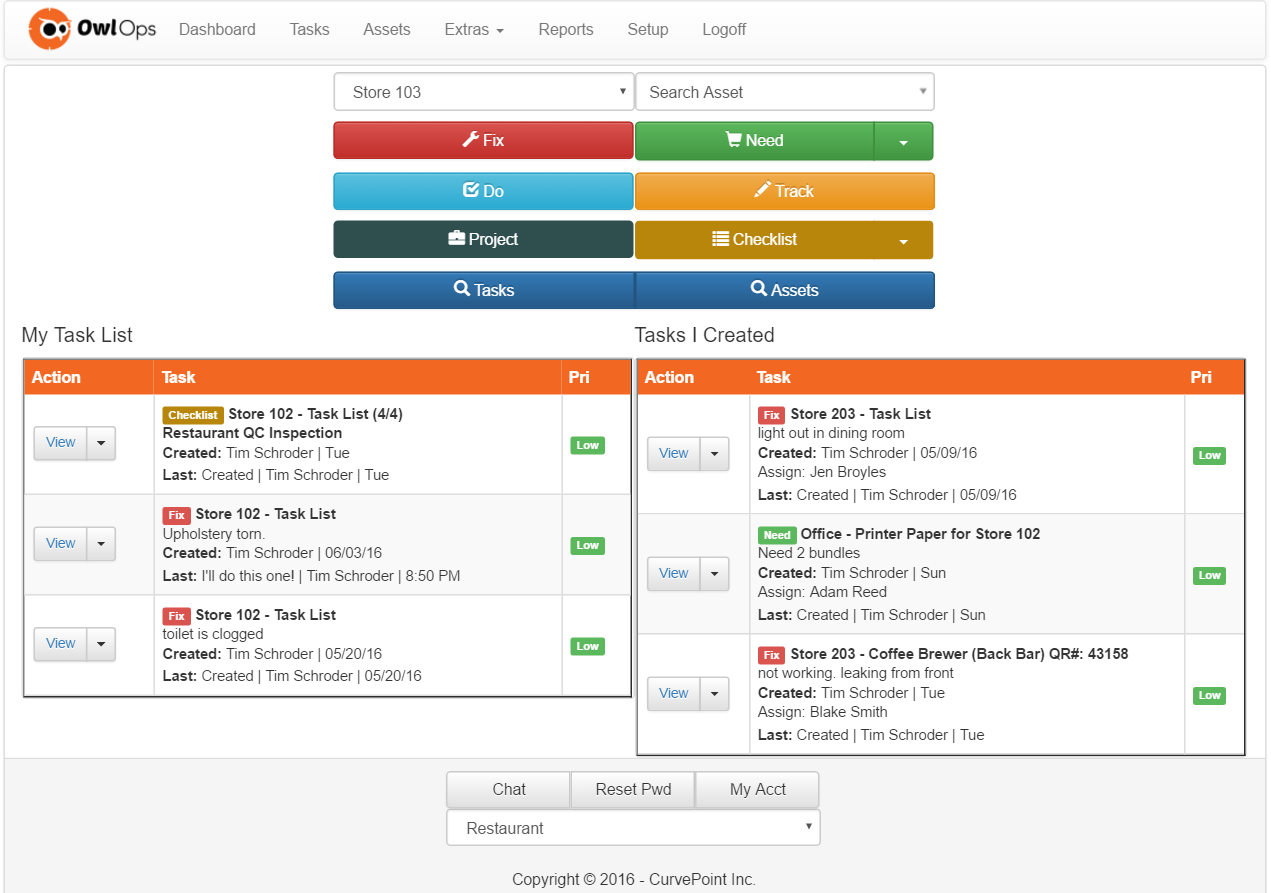Owl Ops Software - Users can view their personalized task list and the tasks they have created on the Owl Ops home screen