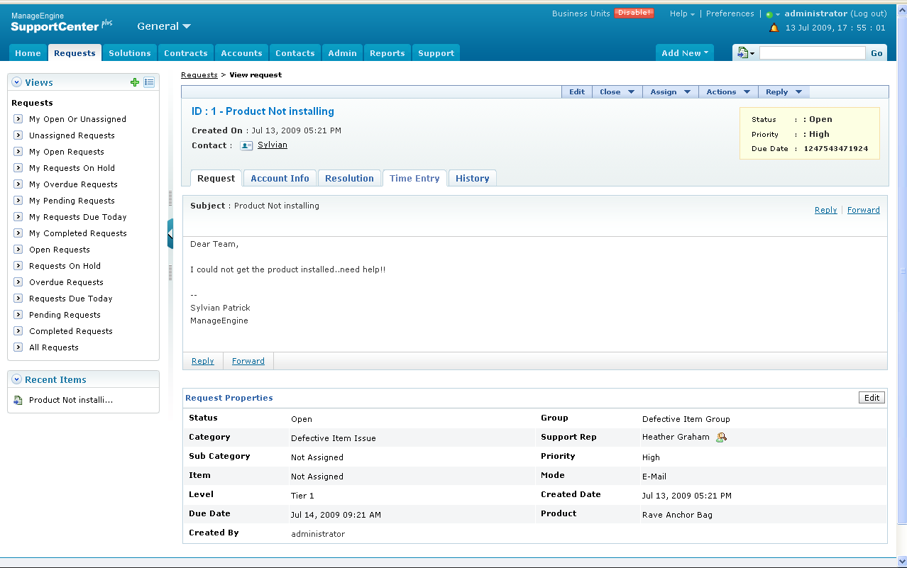 ManageEngine SupportCenter Plus customer request screenshot