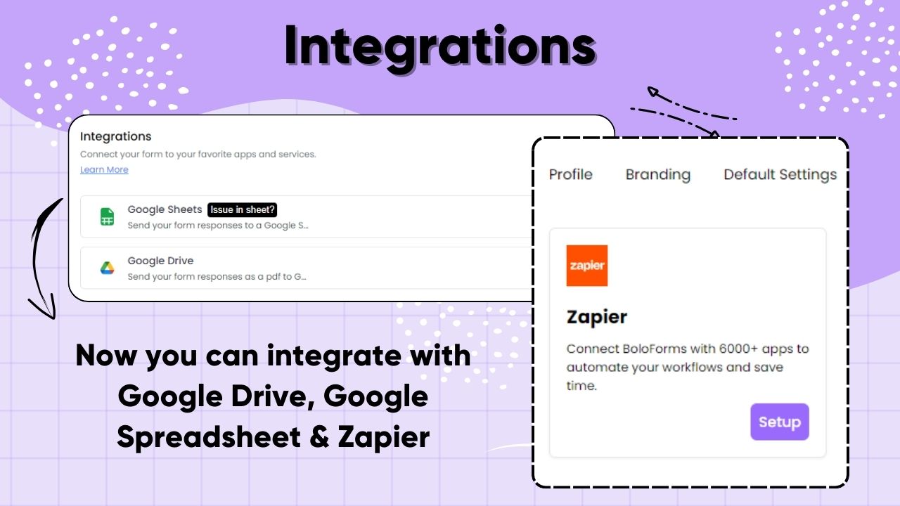 Google Drive and Google Sheets integration for storing the responses and Zapier integration for connecting with external party apps.