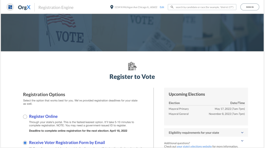 Registration Engine Preview - A flexible voter registration product that makes registering to vote safe, quick, and accessible.